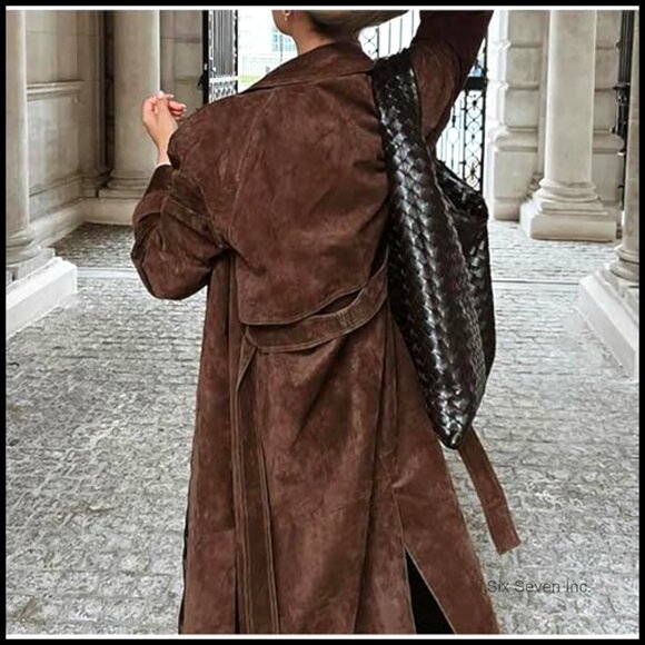 Faux Suede Long Trench Coat Notched Lapel Double Breasted Slim Fit Elegant - Picture 2 of 7